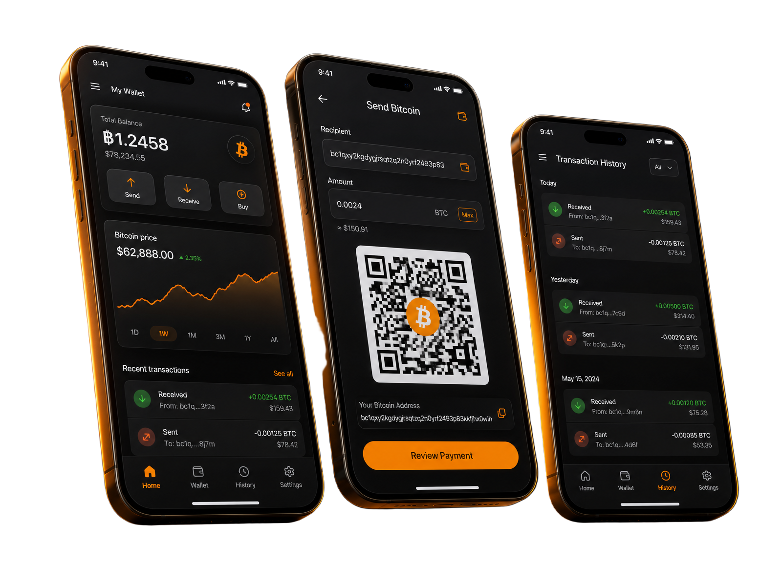 Bitcoin Wallet mobile app screens